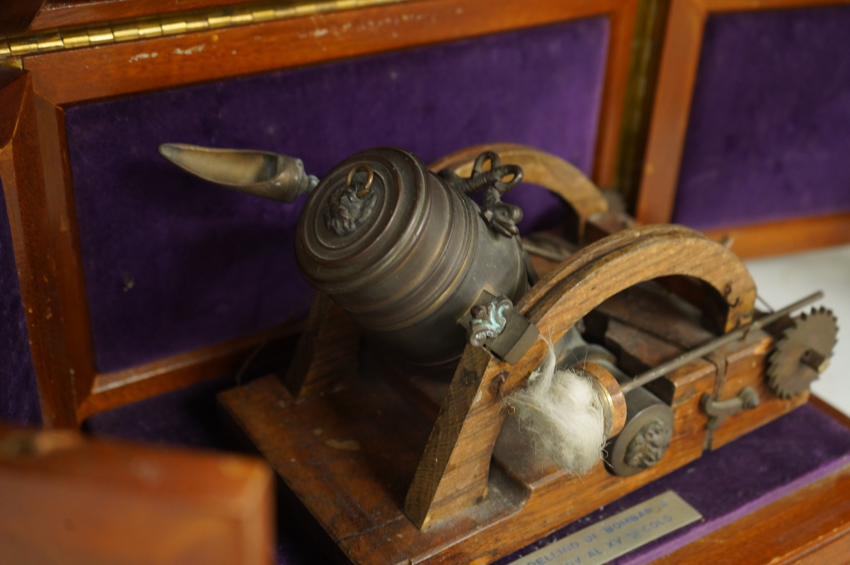 A teak cased presentation model of a bombarda mortar cannon in an oak frame, presented to Admiral Sir Michael Pollock from the Chief of Staff of the Italian Navy, with applied plaque to the lid engraved; ‘To Admiral Sir